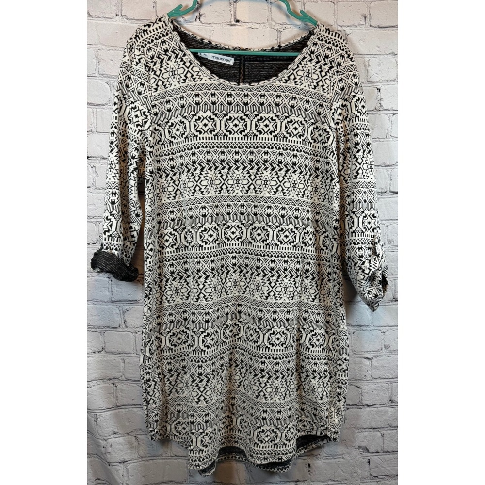 Maurices Women's Cream & Black Patterned 3/4 Sleeve Dress Size 1 small